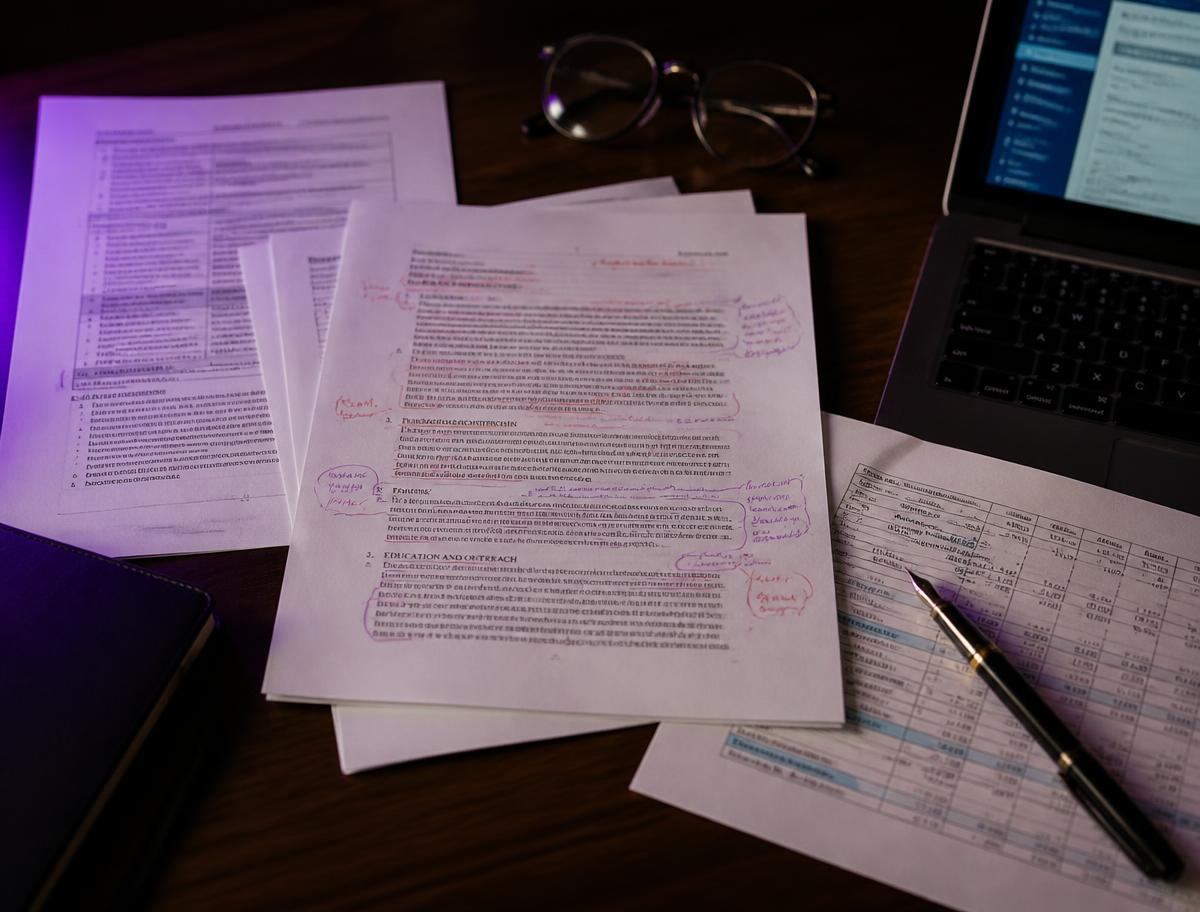 Marked-up grant application pages, budget spreadsheet and submission portal on a desk
