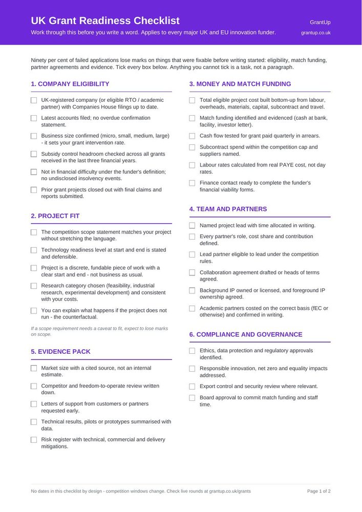 Front cover of the UK grant readiness checklist PDF