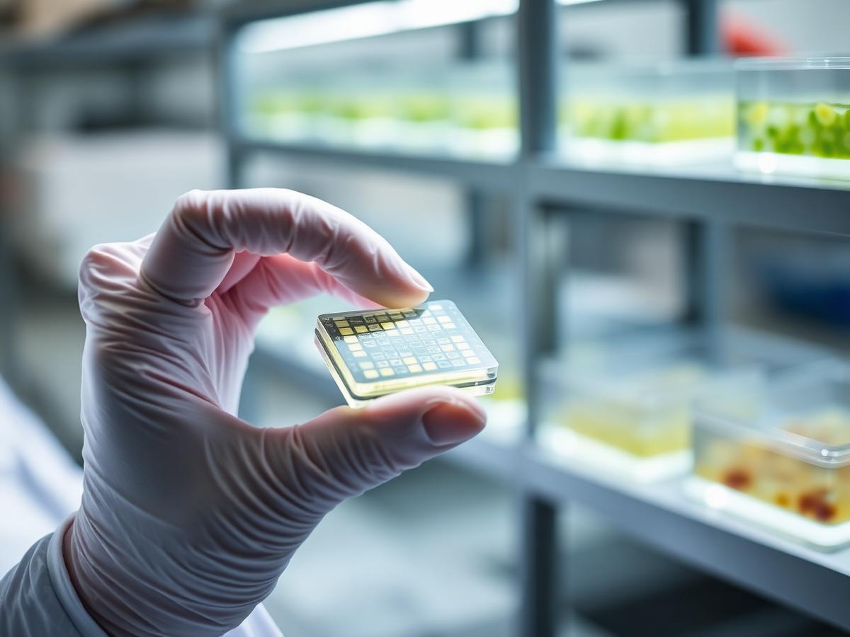 Researcher holding a microfluidic chip in a life sciences laboratory